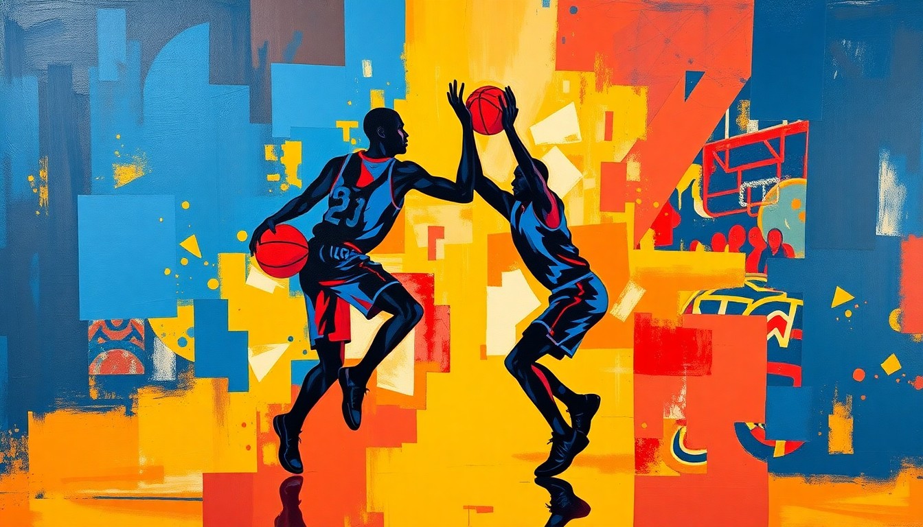 A fragmented, geometric painting depicting the silhouettes of two basketball players in motion, broken down into sharp, overlapping planes of color that capture the dynamic energy of the sport.