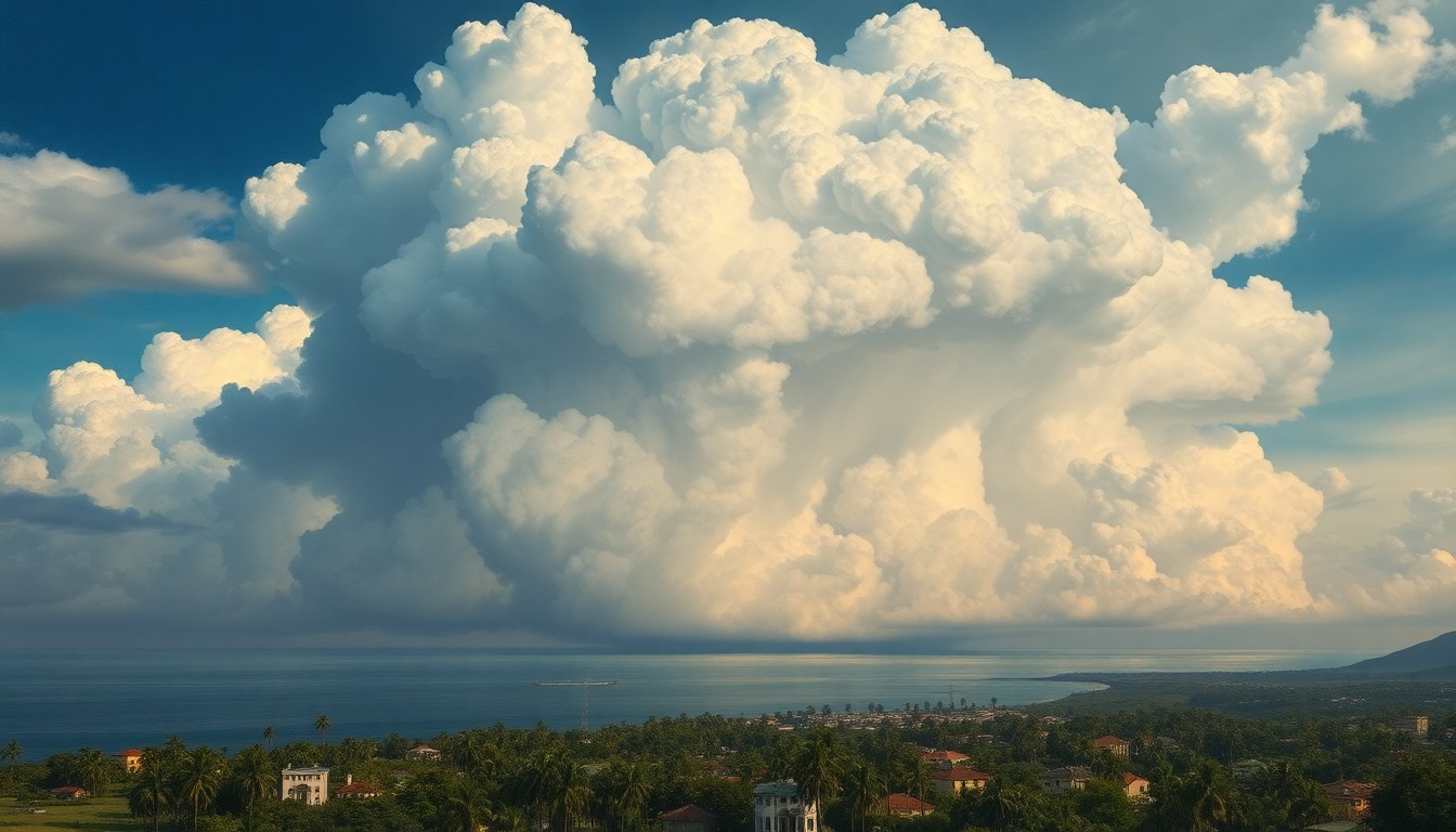 A dramatic landscape painting depicting a massive, towering cumulonimbus cloud formation dominating the skyline over a small coastal town, the buildings and palm trees dwarfed by the overwhelming power of the approaching storm.
