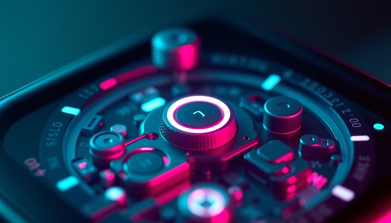 A highly detailed, glowing 3D macro illustration of the Apple Watch's blood oxygen sensor, with neon cyan and magenta lights illuminating the intricate hardware components. The image conceptually represents the technological innovation at the center of the legal dispute between the two companies.