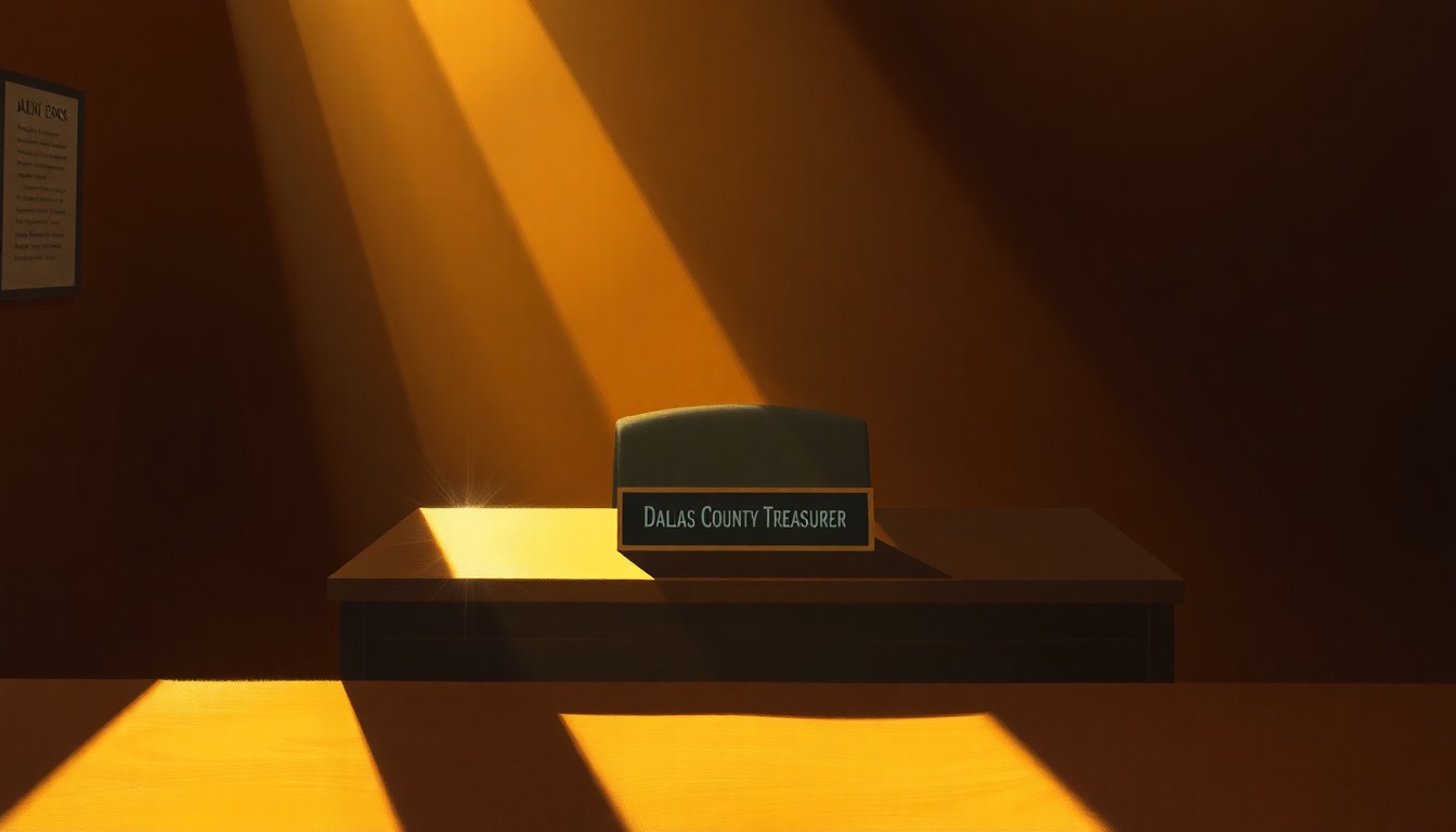A warm, cinematic painting of a solitary desk with a nameplate reading 'Dallas County Treasurer', bathed in diagonal sunlight and deep shadows, conceptually representing the stability and continuity of this local government role.