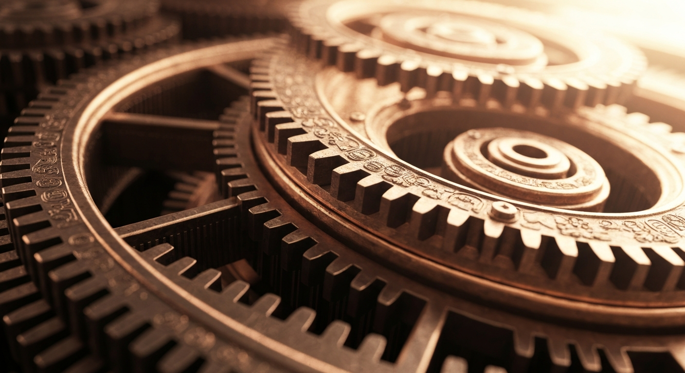 An extreme close-up of intricately designed metal gears and machinery, representing the behind-the-scenes financial infrastructure that supports Meta Platforms' social media platforms.