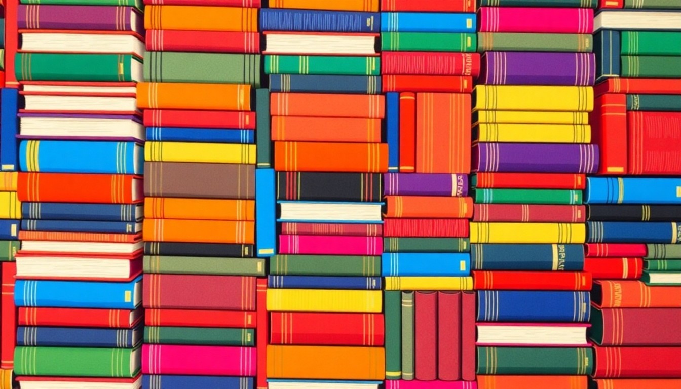 A vibrant, pop art-inspired grid of colorful library books, conceptually representing the diverse range of literature at the center of the national debate over public library collections.