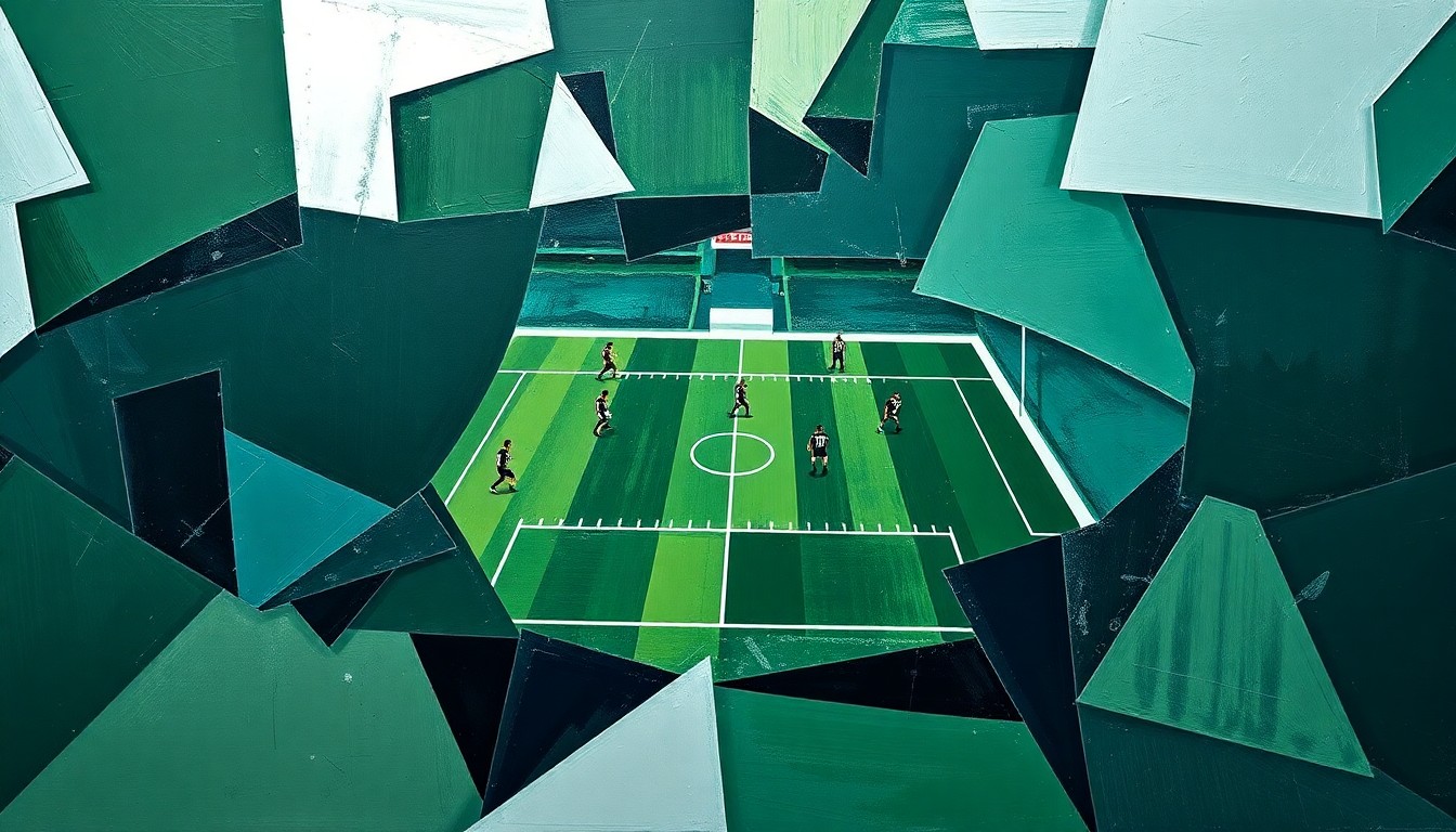 A cubist, geometric painting depicting a fragmented football field and players, rendered in a palette of dark green, navy blue, and metallic silver, conveying the escalating costs of retaining top defensive talent in the NFL.