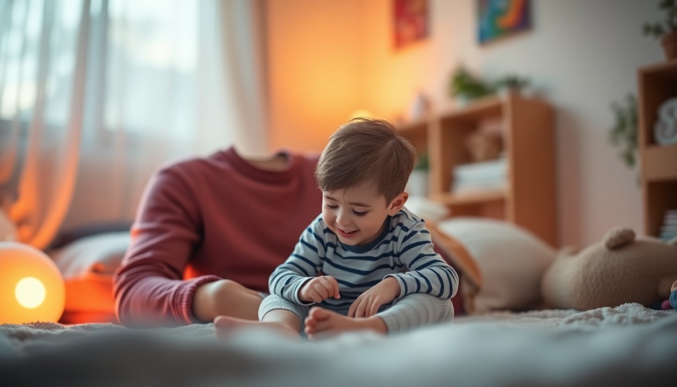An abstract, out-of-focus photograph depicting a parent and child playing together in a warm, domestic setting, with soft pools of light and color creating a sense of comfort and connection.
