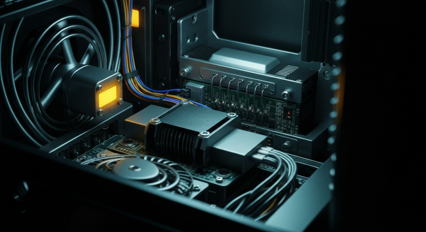 An extreme close-up of the complex circuitry, cooling systems, and hardware components that make up a cryptocurrency mining rig, conveying the technological complexity and industrial scale of the blockchain industry.