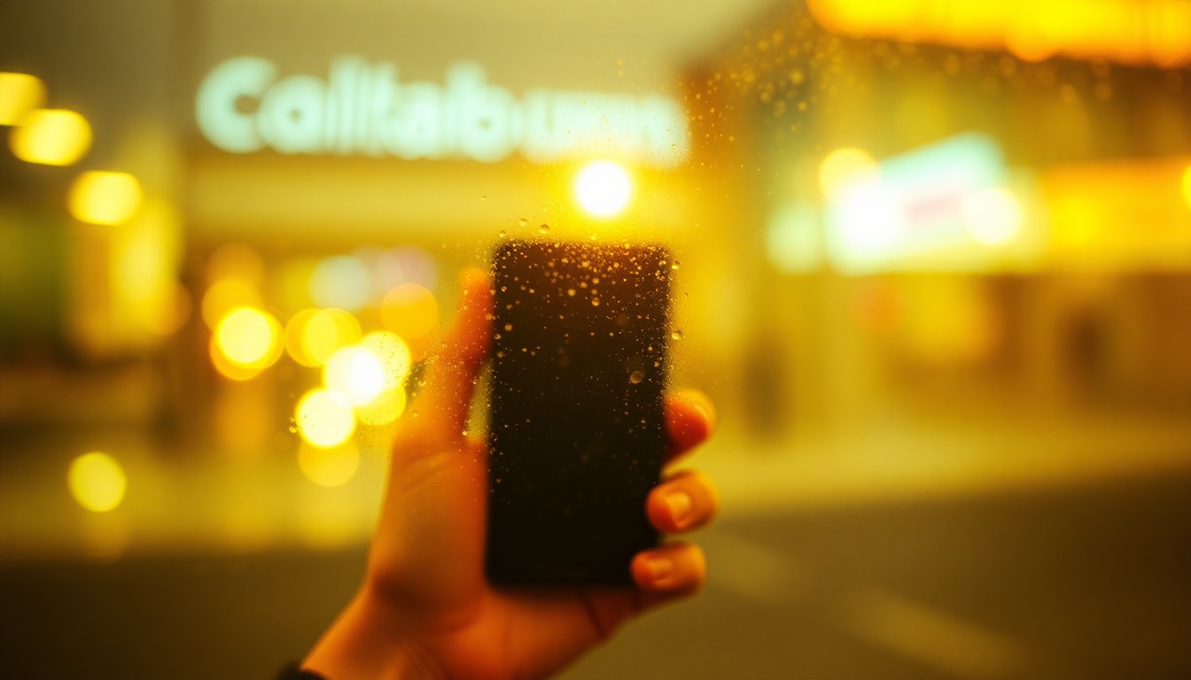 An abstract, dreamy image of a blurred hand holding a smartphone, captured through a rain-streaked lens in soft, warm tones, conceptually representing the pervasive impact of smartphone addiction on daily life.