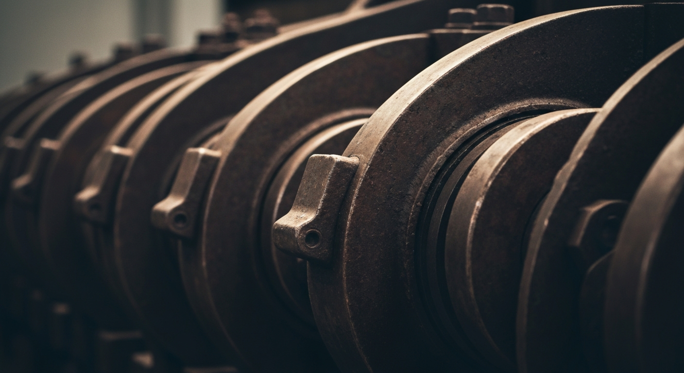 A cinematic macro photograph of heavy, industrial banking equipment and mechanics in shades of steel gray, bronze, and black, conceptually representing the tangible financial security and institutional power of regional banks.