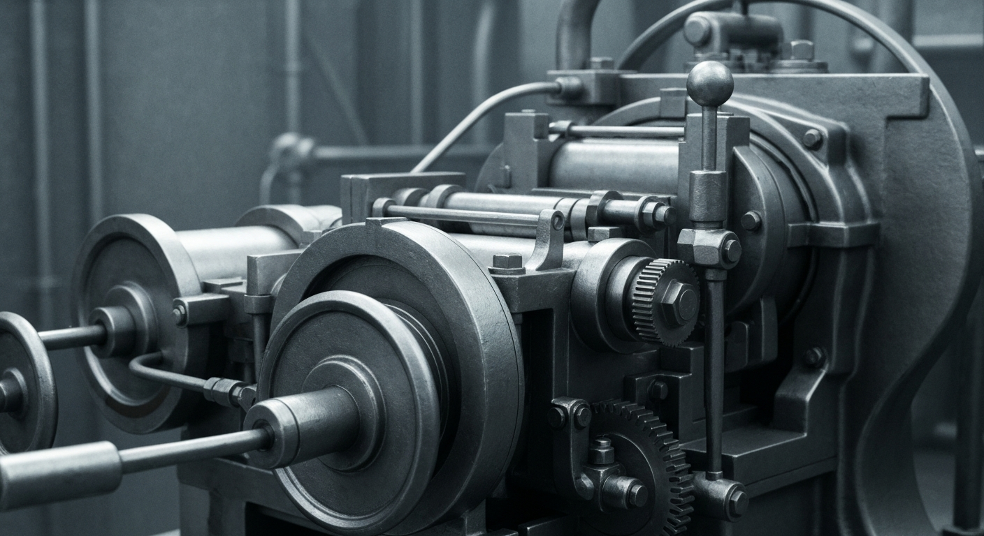 An extreme close-up of gears, levers, and other heavy machinery components in muted metallic tones, representing the complex financial systems and mechanisms that drive the performance of investment products.
