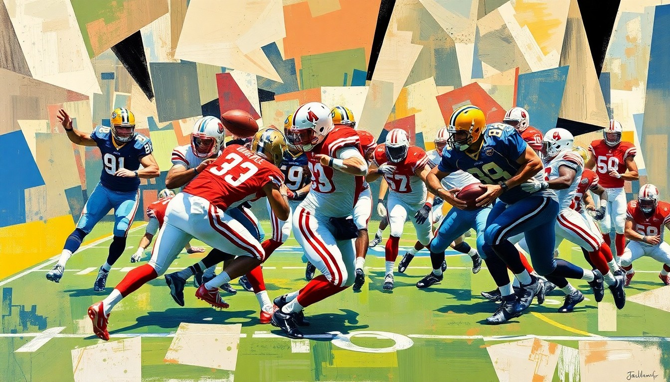 A cubist, geometric painting depicting the fragmented, overlapping forms of football players in motion, capturing the raw energy and intensity of the sport.
