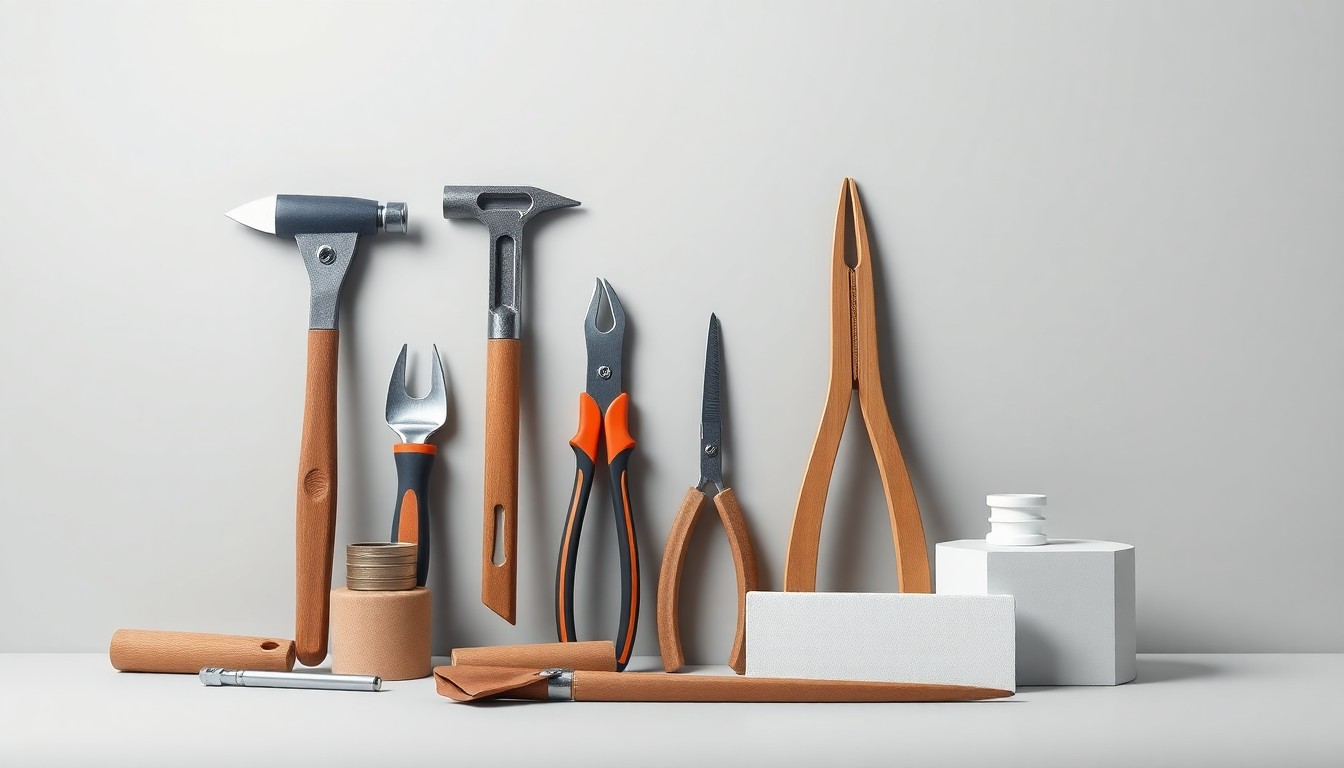 A high-end studio still life photograph featuring a set of premium home repair tools and materials arranged elegantly on a clean, monochromatic background, conceptually representing the quality and precision of R House Home Services' work.