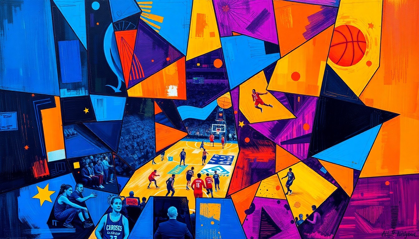A fragmented, geometric painting depicting the fluid movements and overlapping perspectives of a WNBA basketball game, rendered in a vibrant color palette of blues, oranges, and purples.