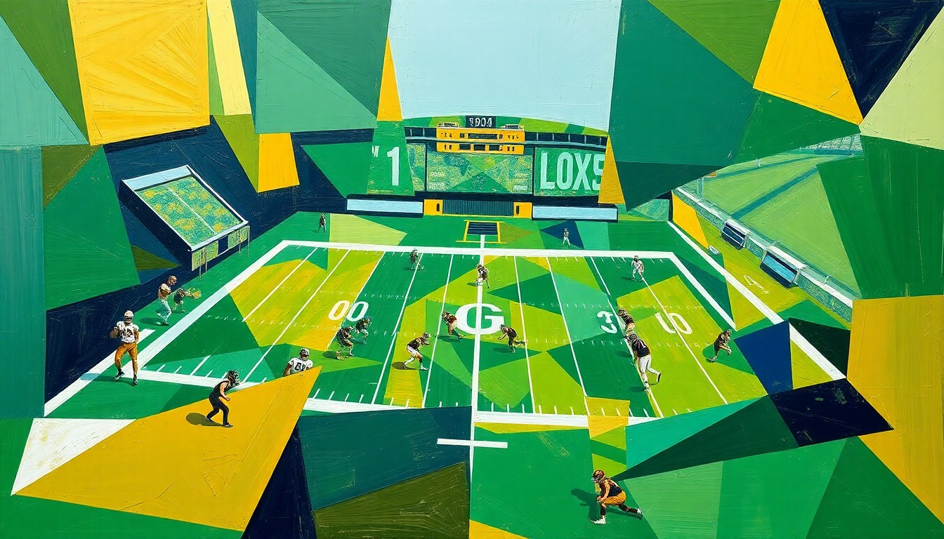 A cubist, geometric painting depicting a college football game or practice, with sharp, overlapping planes of emerald green, gold, and navy blue, capturing the energy and movement of the sport.