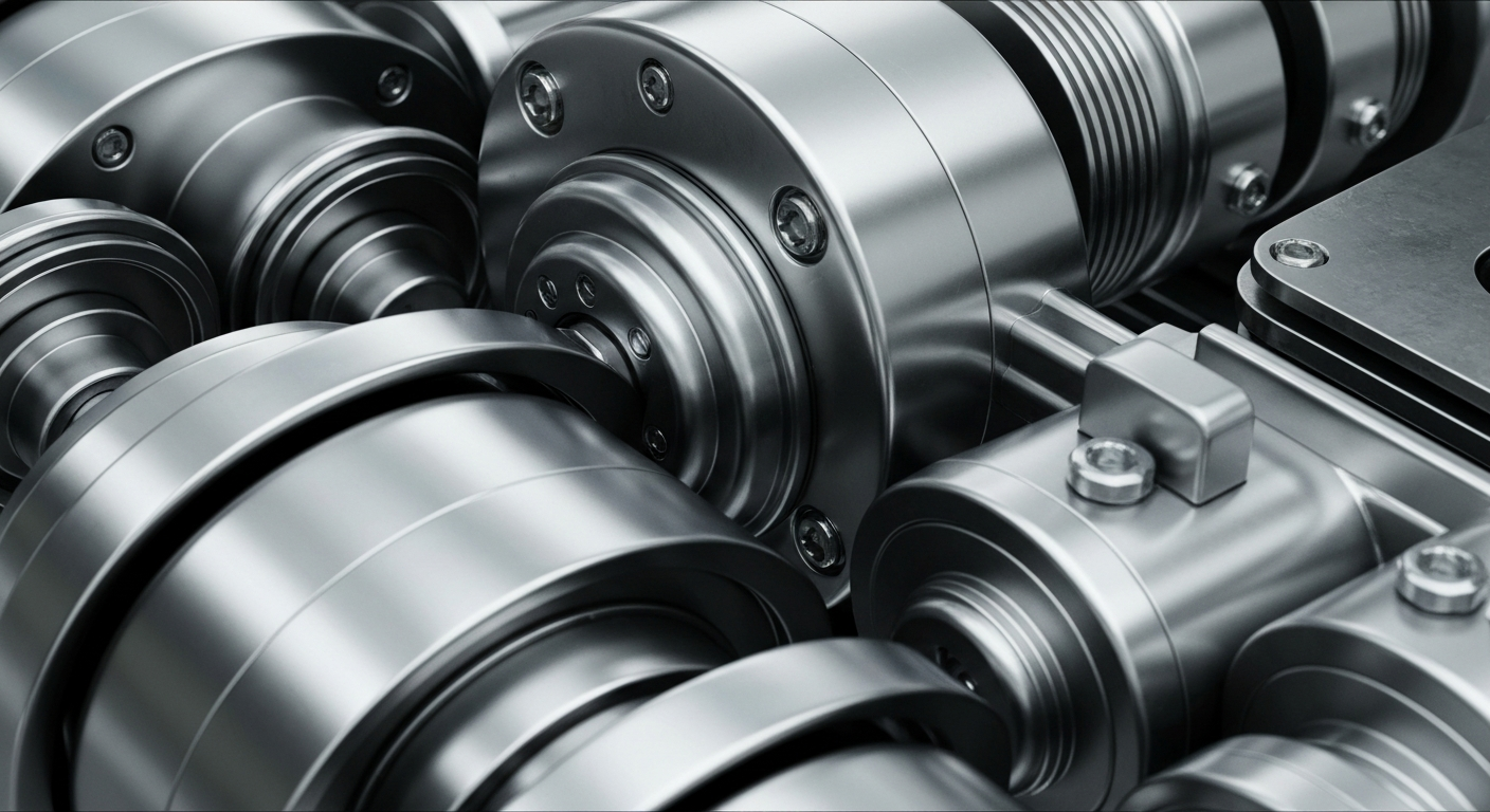 An extreme close-up of shiny, intricate banking machinery and components, conveying the secure, institutional nature of BNY's financial services without using any text or symbols.