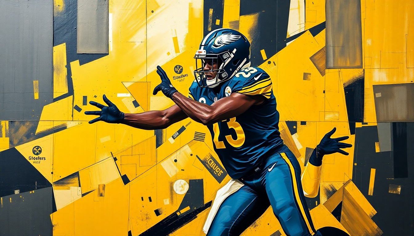 A cubist, geometric painting depicting a fragmented, multi-angle view of a football player catching a pass, conceptually representing the Steelers' touchdown play with Valdes-Scantling.