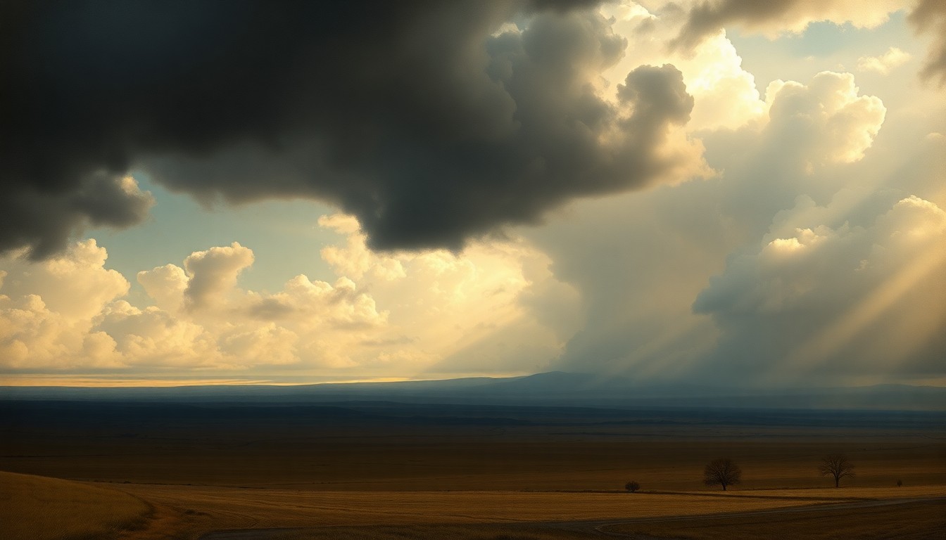 A sweeping, atmospheric landscape painting in muted tones of gray, blue, and green, depicting a vast, open Texas plain under an ominous, cloud-filled sky as a cold front approaches in the distance.