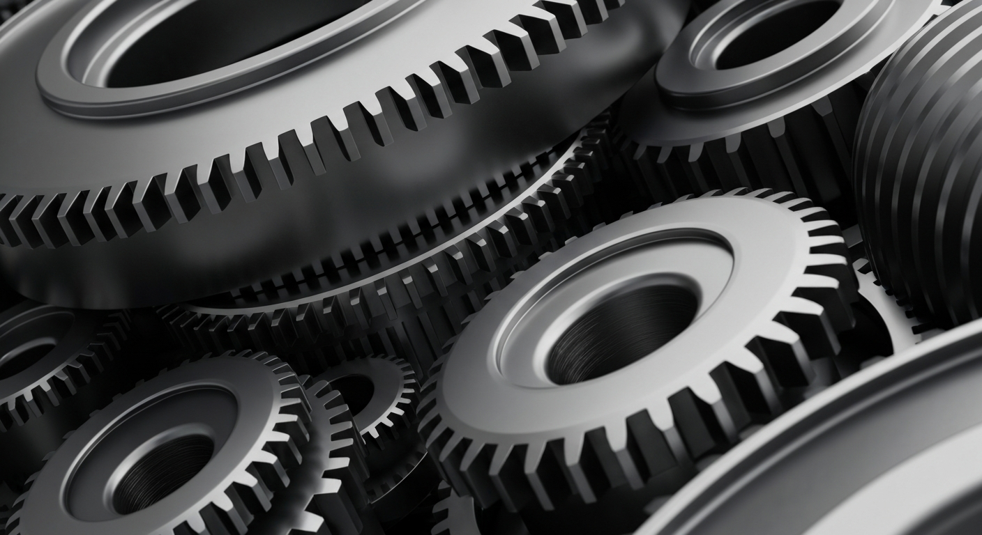 A highly detailed, cinematic close-up image of intricate metal gears, levers, and machinery in shades of silver, steel, and gunmetal grey, conveying the complex, powerful nature of the financial industry's infrastructure.