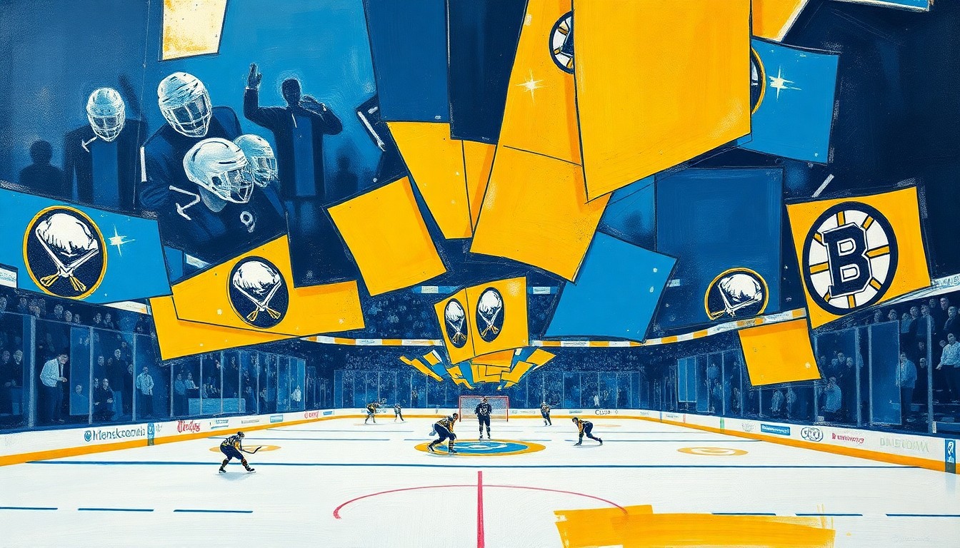 A cubist, geometric painting depicting a hockey game in motion, with players and the puck fragmented into overlapping planes of bright blue, gold, and white.