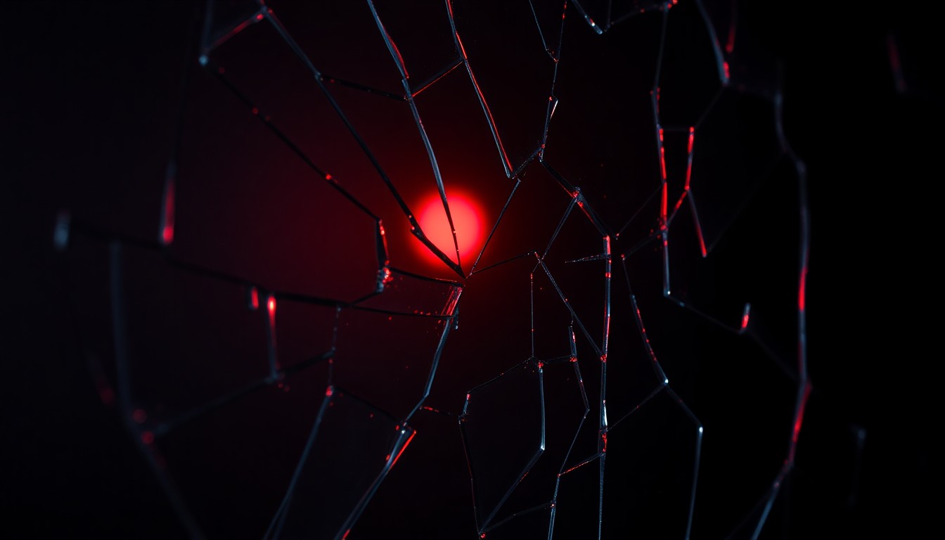 An extreme close-up photograph of shattered glass or cracked mirror reflecting a faint red light, conceptually representing the emotional turmoil and fractured relationships depicted in the Boston Blue storyline.
