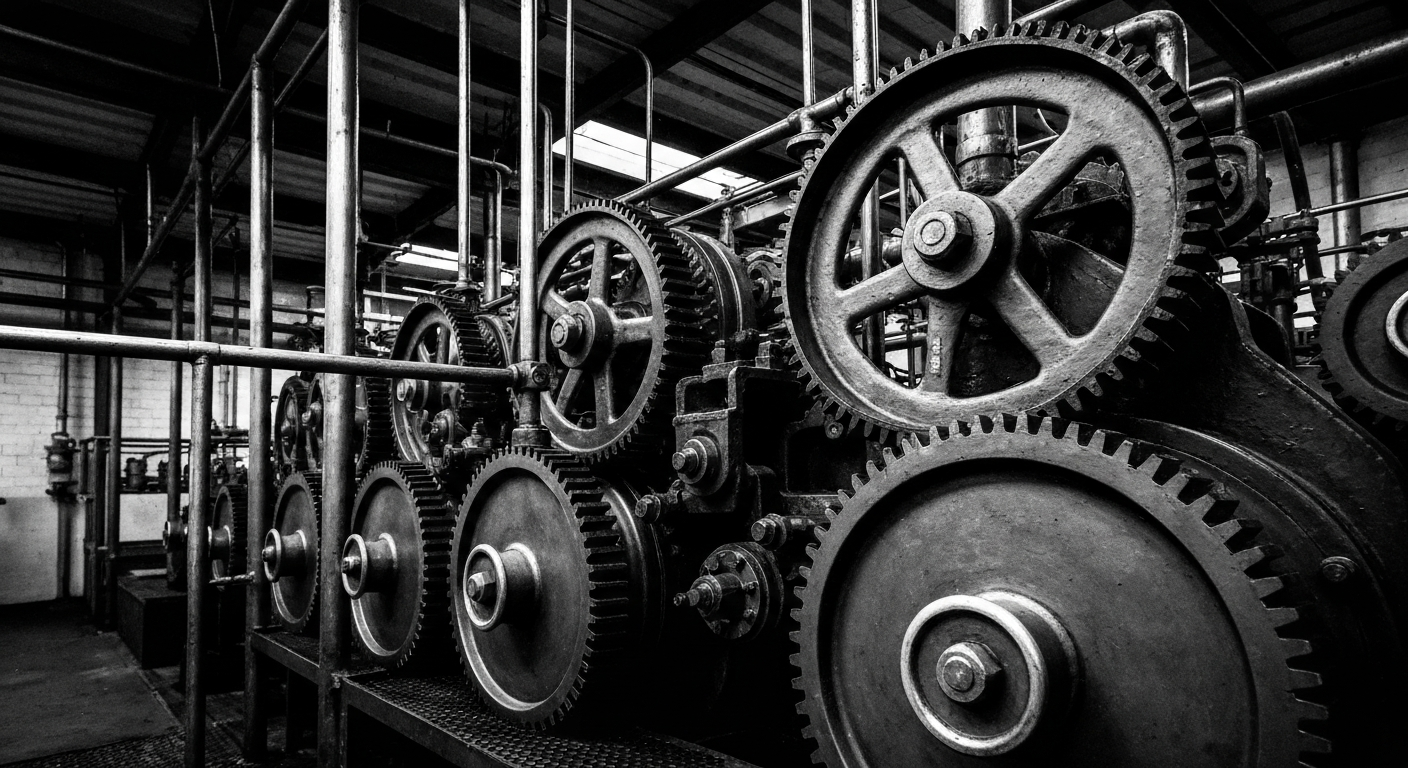 A high-contrast black and white close-up image of the gears, pipes, and other industrial equipment inside a vintage Coca-Cola bottling plant, representing the brand's operational complexity and global reach.