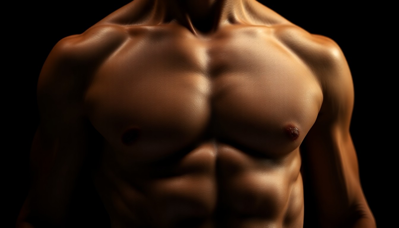 An extreme close-up photograph of a male model's muscular torso and abs, captured in dramatic high-contrast studio lighting to create a glamorous, high-fashion aesthetic.