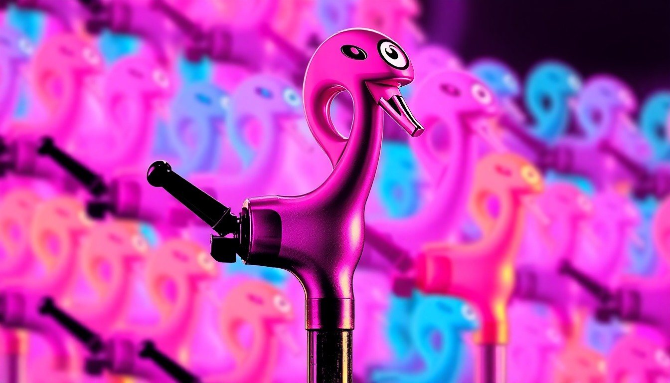 A highly stylized, pop art-inspired illustration of a vintage soda fountain spigot in the shape of a swan's neck, repeated in a vibrant grid pattern using bold, neon-like colors and heavy black outlines, capturing the retro-modern aesthetic of the new Librarium Lounge bookstore and tea shop.