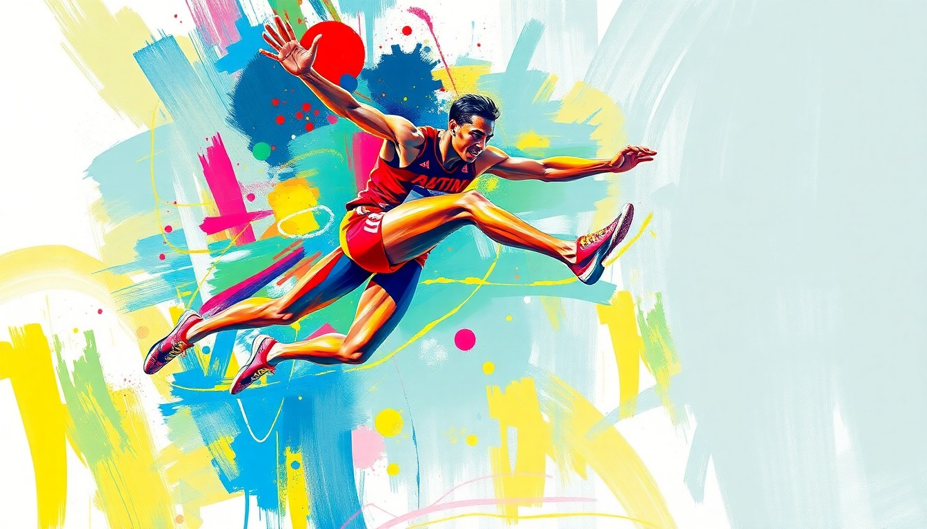 An abstract, expressionist painting in vivid neon colors depicting a long jumper mid-leap, conveying the raw energy and athleticism of the event.