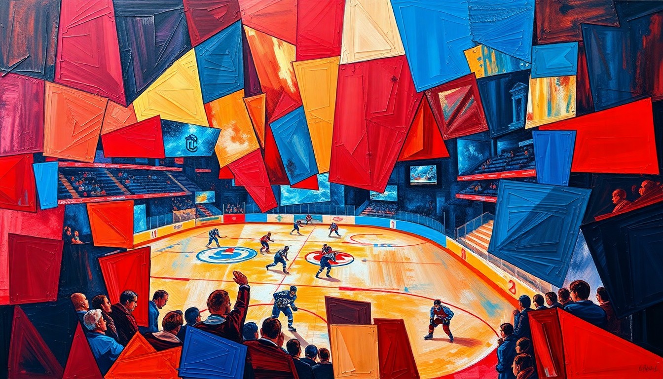 A cubist, geometric painting depicting the action of a hockey game, with players and the puck fragmented into overlapping planes of red, blue, and gold, conveying the dynamic energy and strategic complexity of the Canadiens' successful season.