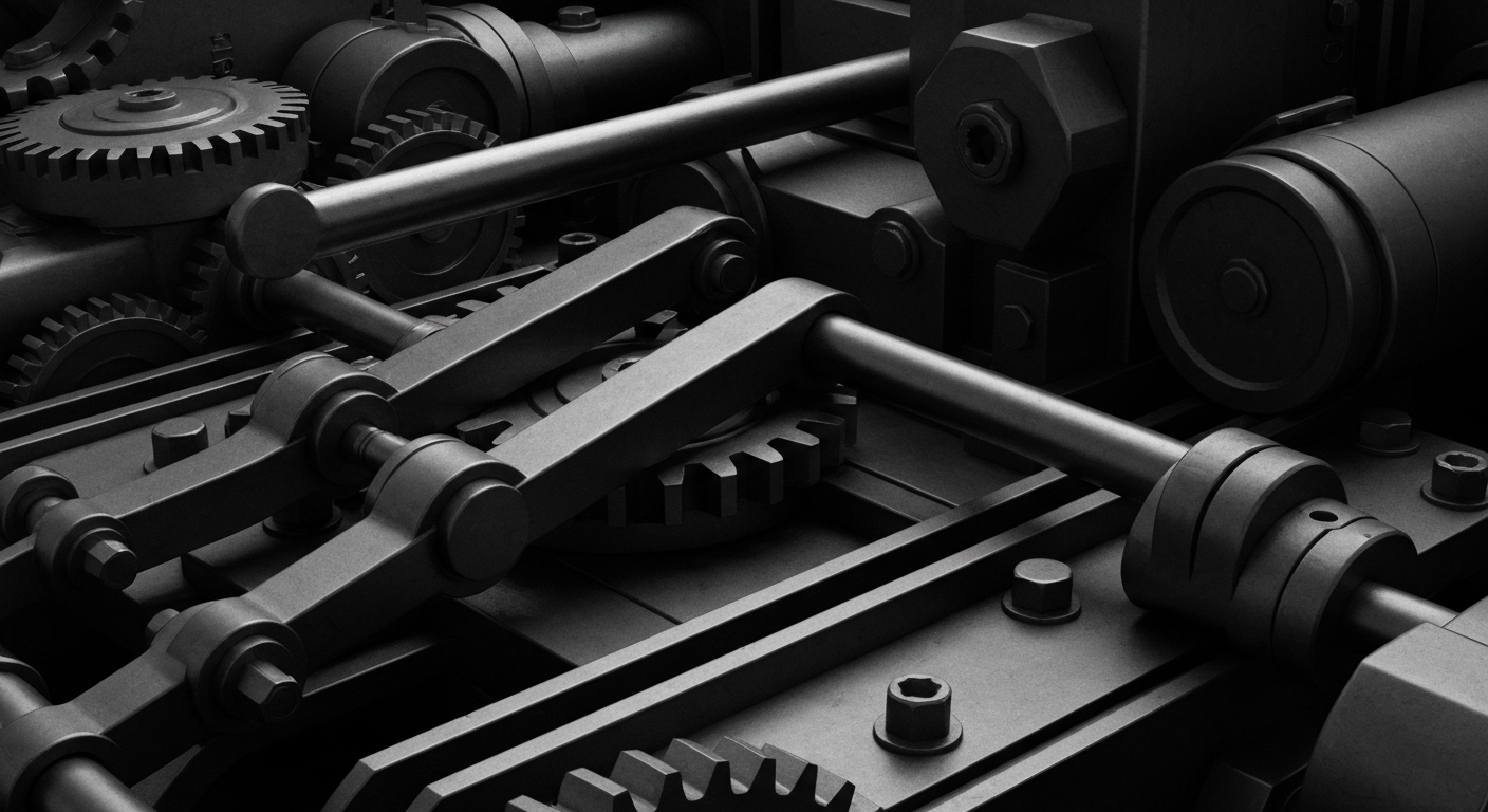 A highly detailed, cinematic close-up of heavy industrial machinery in muted tones of steel, representing the complex financial infrastructure and institutional power of the global engineering and consulting industry.