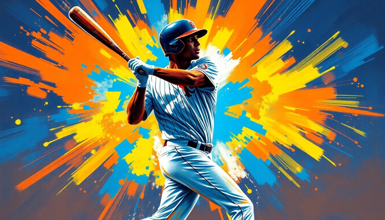 An abstract expressionist painting featuring bold, sweeping brushstrokes in neon orange, blue, and yellow, capturing the raw energy and excitement of a minor league baseball walk-off home run celebration.