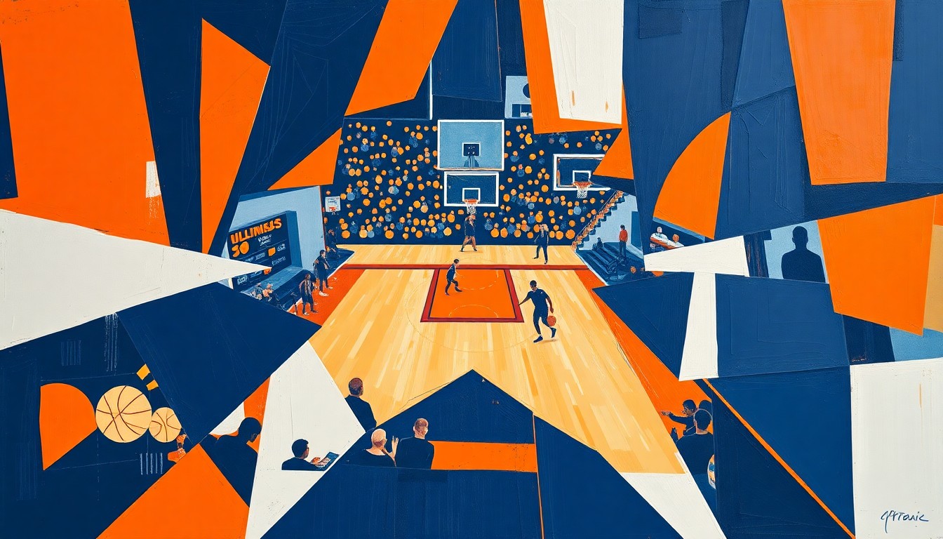A fractured, cubist-style painting depicting an Illinois basketball game or practice, with sharp geometric shapes in navy blue, orange, and white overlapping to create a dynamic, multi-perspective visual representation of the action on the court.
