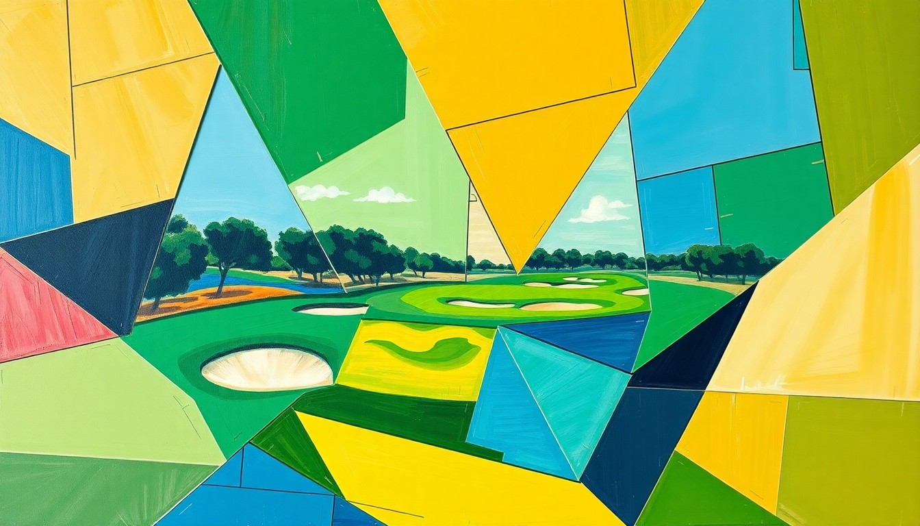 A fragmented, geometric painting in shades of green, blue, and tan, with sharp, overlapping shapes and planes conveying the dynamic motion and shifting perspectives of a professional golf tournament.