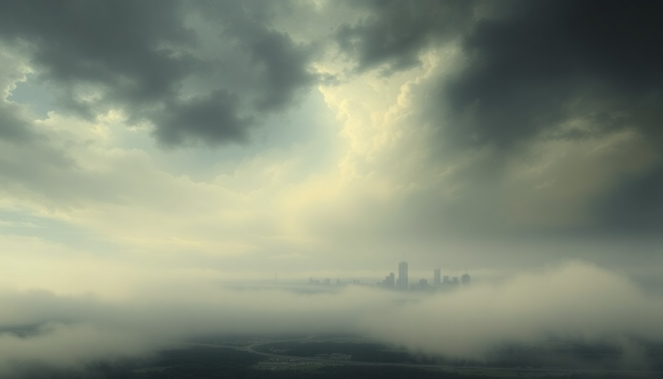 A vast, atmospheric landscape painting depicting a dramatic, fog-shrouded scene of Orlando's skyline and countryside, with the natural elements overwhelming the man-made structures and conveying the raw power of the weather.