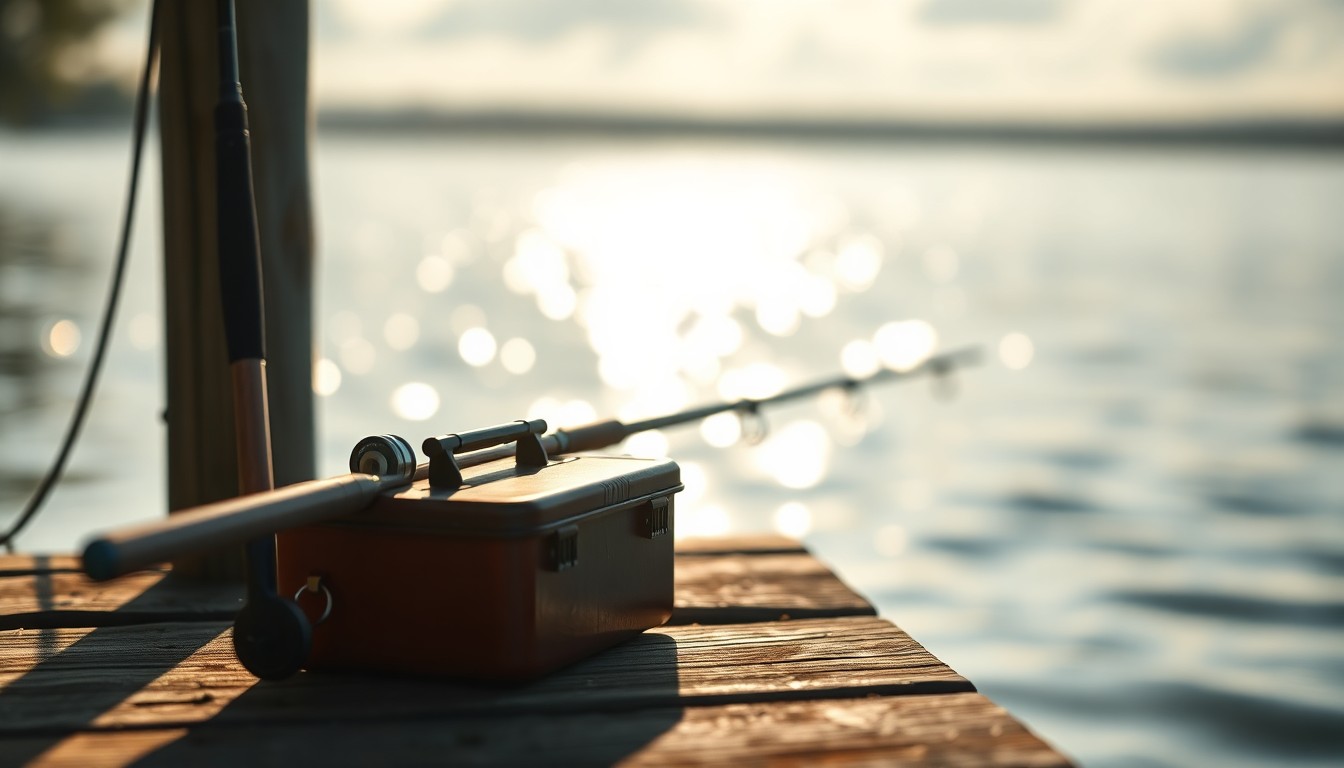 A softly focused, abstract photograph of fishing gear resting on a wooden dock, with warm pools of light and reflections in the water creating a nostalgic, meditative mood.