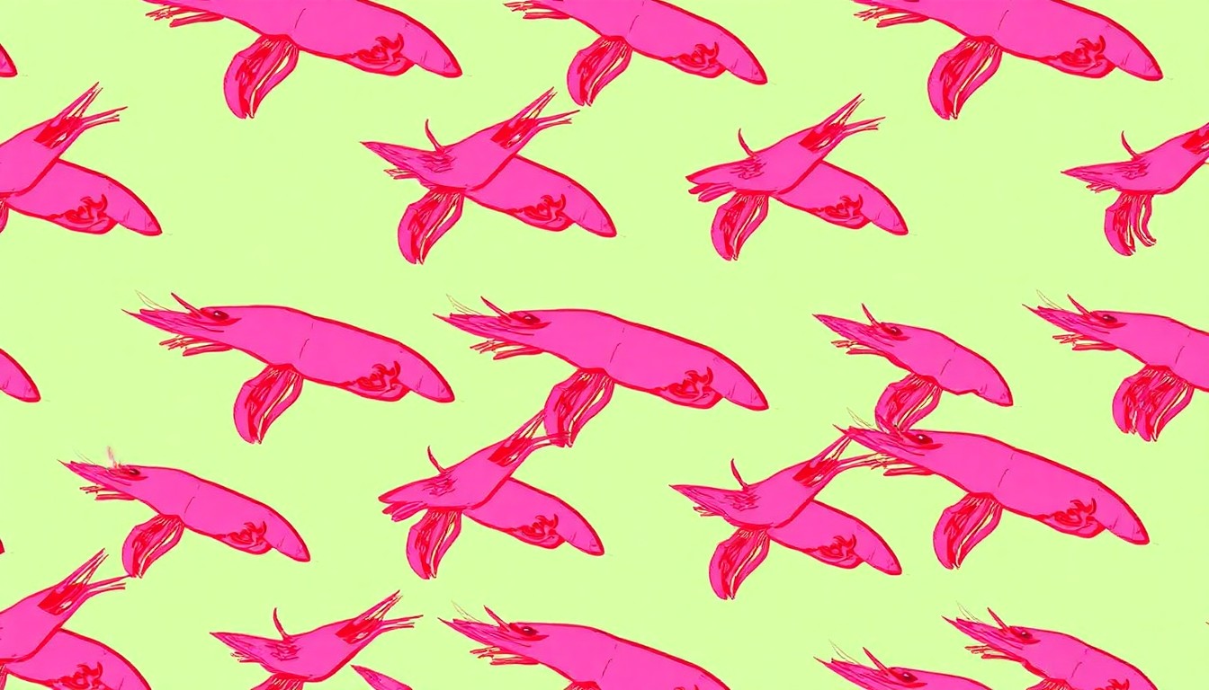 A bold, colorful silkscreen-style illustration featuring a repeating grid of a single, iconic seafood item like a shrimp or oyster, rendered in a vibrant, neon-tinged color palette with heavy black outlines, capturing the bold flavors and 24/7 availability of The Oyster Bar's Creole-influenced seafood menu.