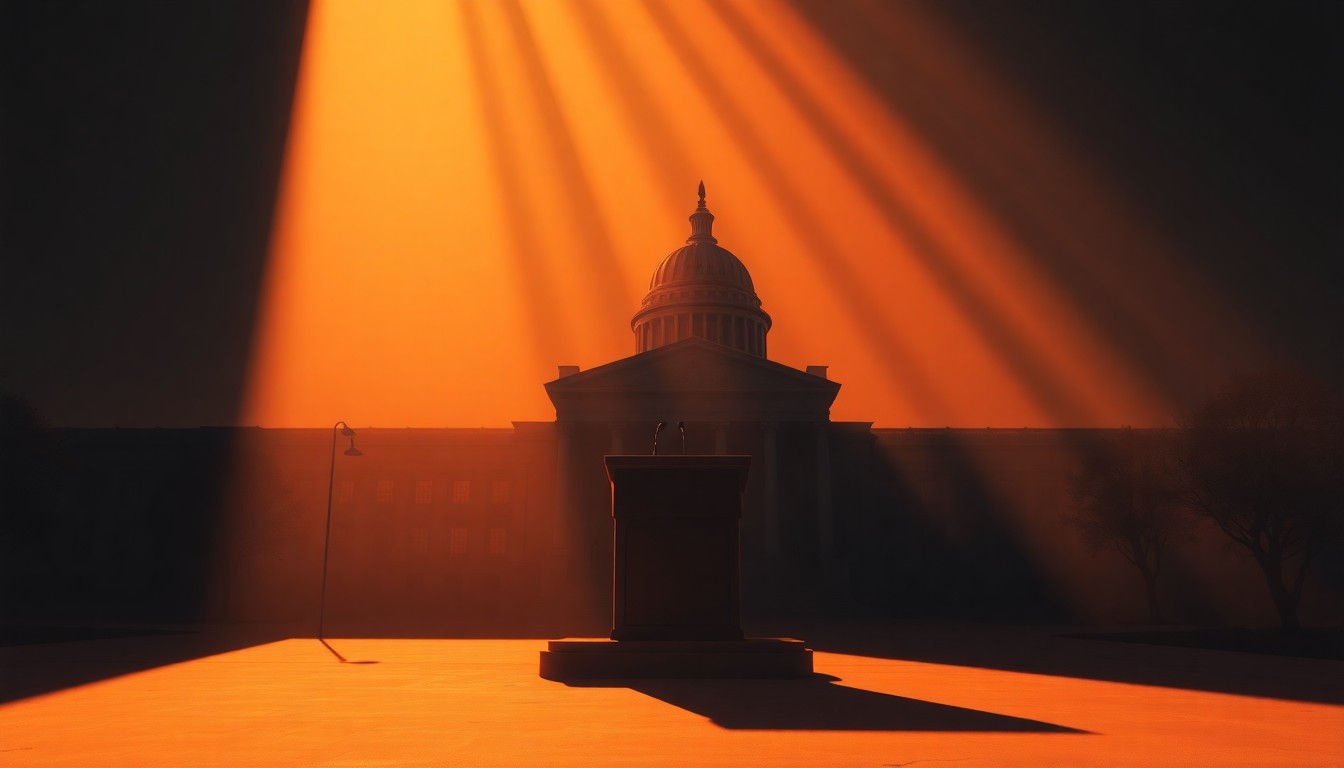 A dimly lit, cinematic painting of an empty government building or political meeting space, with warm sunlight streaming through the windows and deep shadows cast across the scene, conveying a sense of quiet contemplation and the weight of loss.