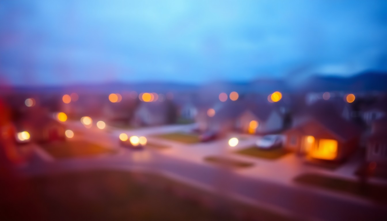 An abstract, impressionistic scene of a residential neighborhood in Magna, Utah, captured through a hazy, out-of-focus lens and rendered in soft, warm tones of yellow, orange, and blue, conceptually representing the community's uncertainty over balancing growth and water scarcity.