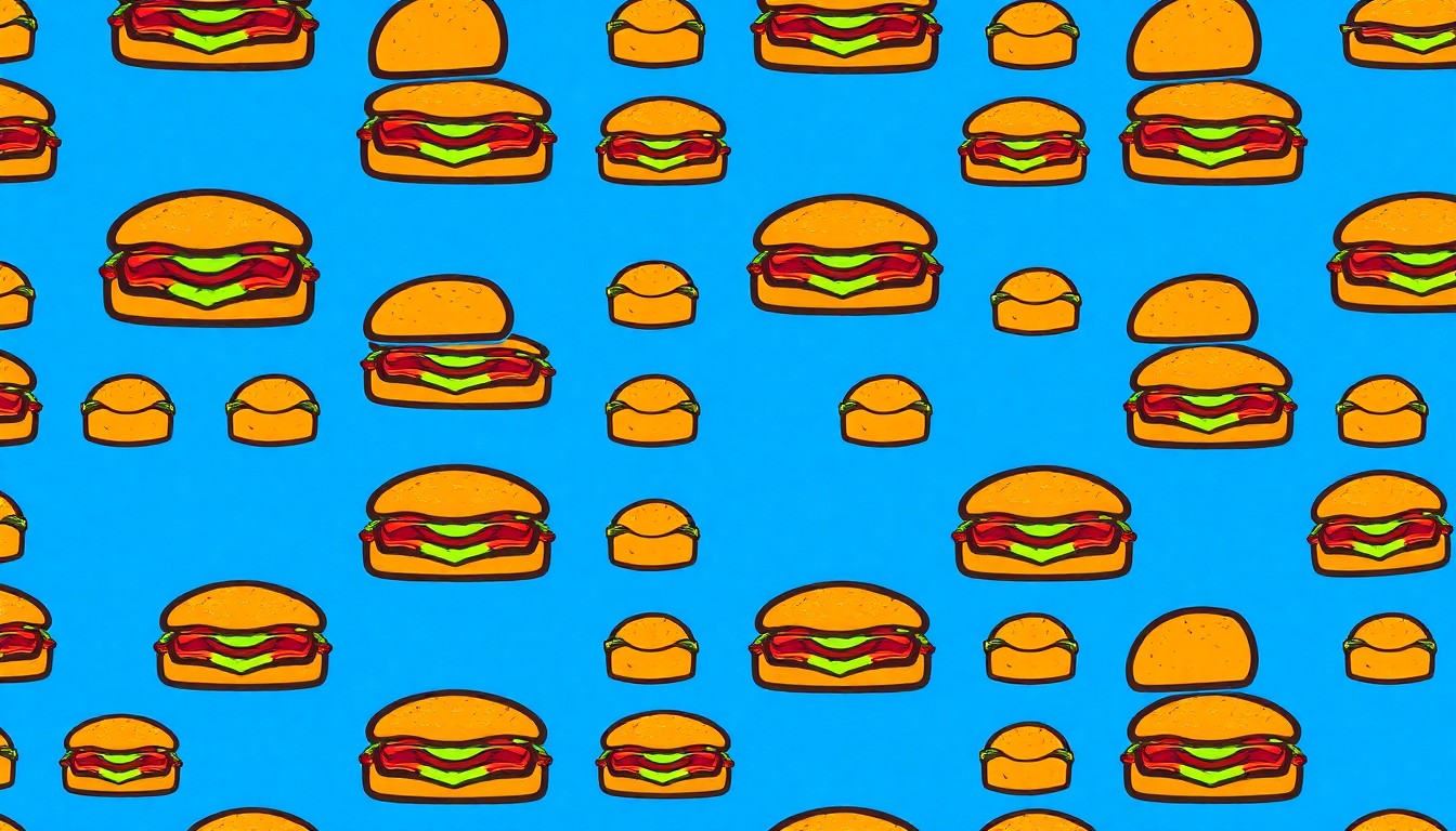 A bold, colorful silkscreen-style illustration featuring a repeated icon of a sandwich in a grid pattern, using vibrant neon colors and heavy black outlines to capture the essence of a new sandwich shop opening in Fort Collins.