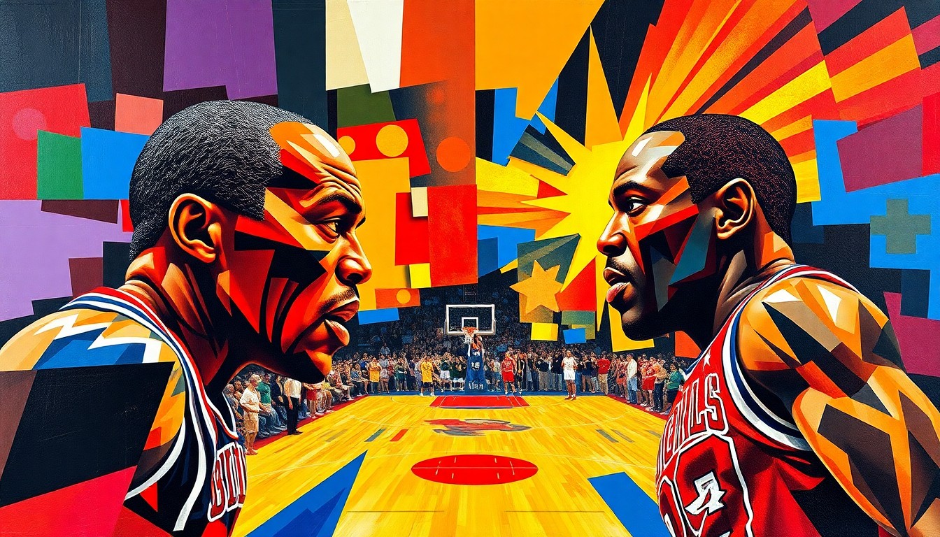 A cubist, geometric painting depicting the dynamic interplay between two basketball players, with vibrant colors and sharp, overlapping shapes conveying the energy and competitive spirit of their reunion.
