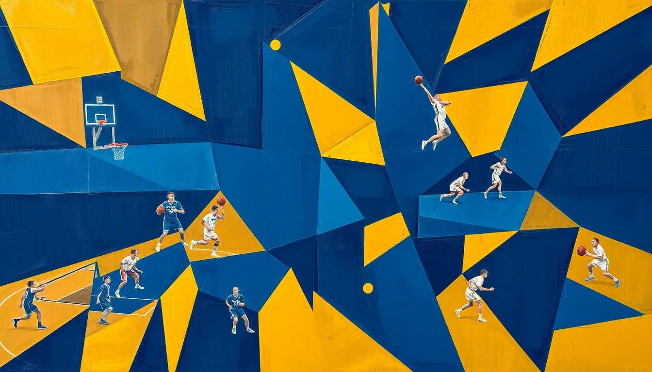 A fractured, cubist-style painting depicting various sports scenes from Salem Community High School, with players and equipment broken down into overlapping geometric shapes and planes in navy blue and gold colors.