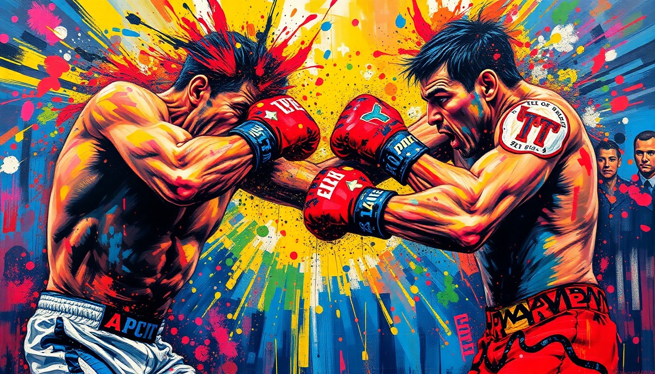 An abstract painting featuring bold, neon-colored brushstrokes and splatters that evoke the raw power and intensity of a mixed martial arts match, conceptually representing the anticipated return of Conor McGregor to the UFC octagon.