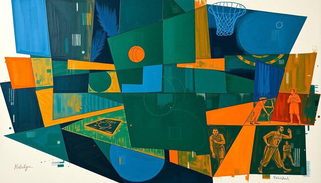A cubist, geometric painting depicting a fragmented basketball game, with sharp, overlapping shapes in shades of navy, green, and orange, conveying the uncertainty and tension surrounding the Warriors' future.