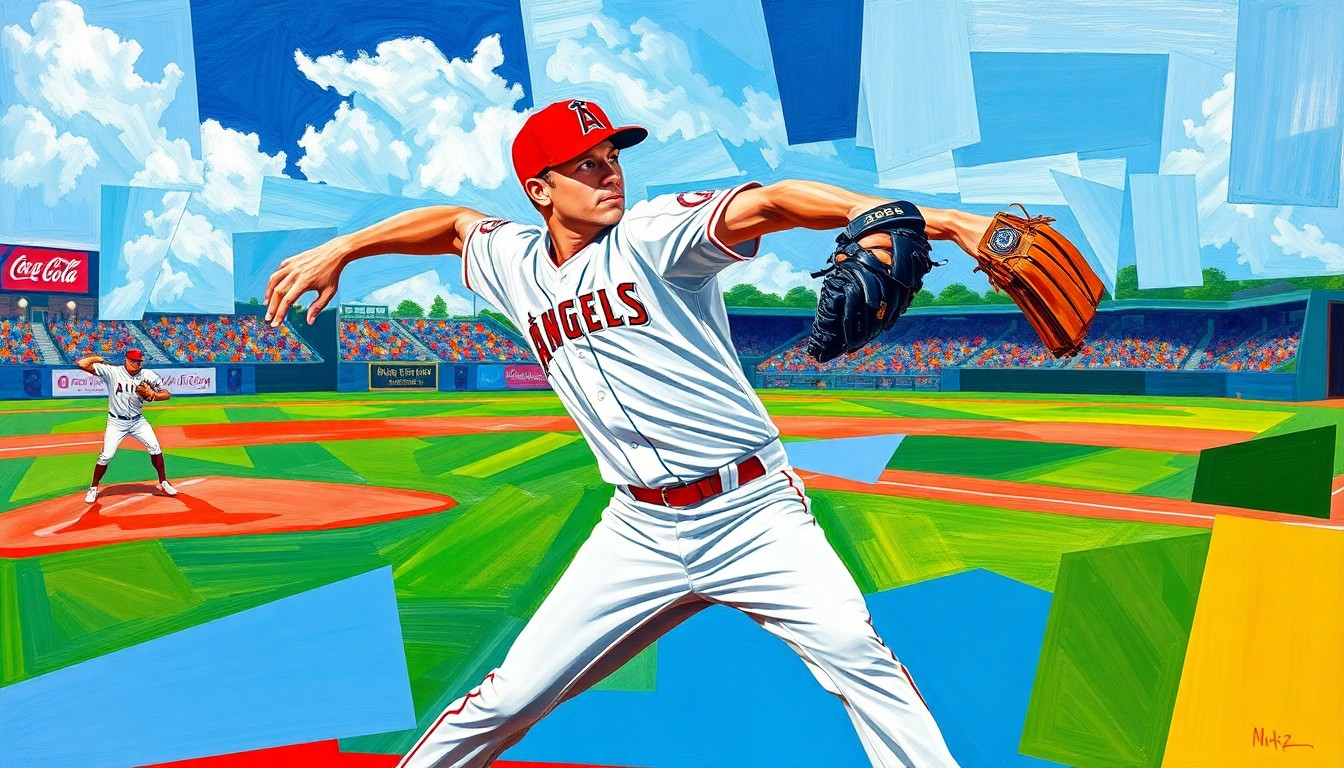 A fractured, multi-perspective painting depicting the pitching motion and delivery of Los Angeles Angels pitcher Jose Soriano, with his form broken down into sharp, overlapping geometric planes in vibrant colors representing the baseball diamond and the team's uniforms.