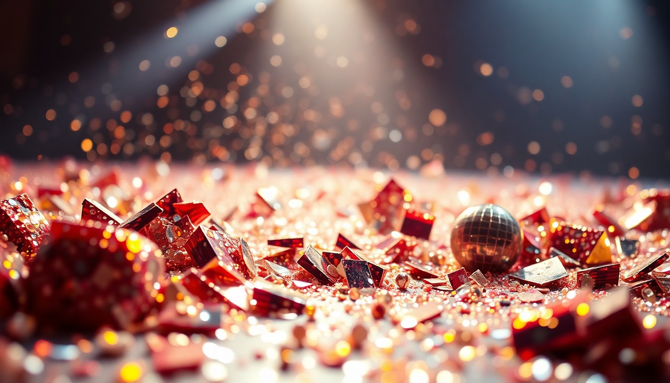 An abstract close-up image of shimmering sequins and shattered glass, capturing the high-energy glamour of a major music festival performance.