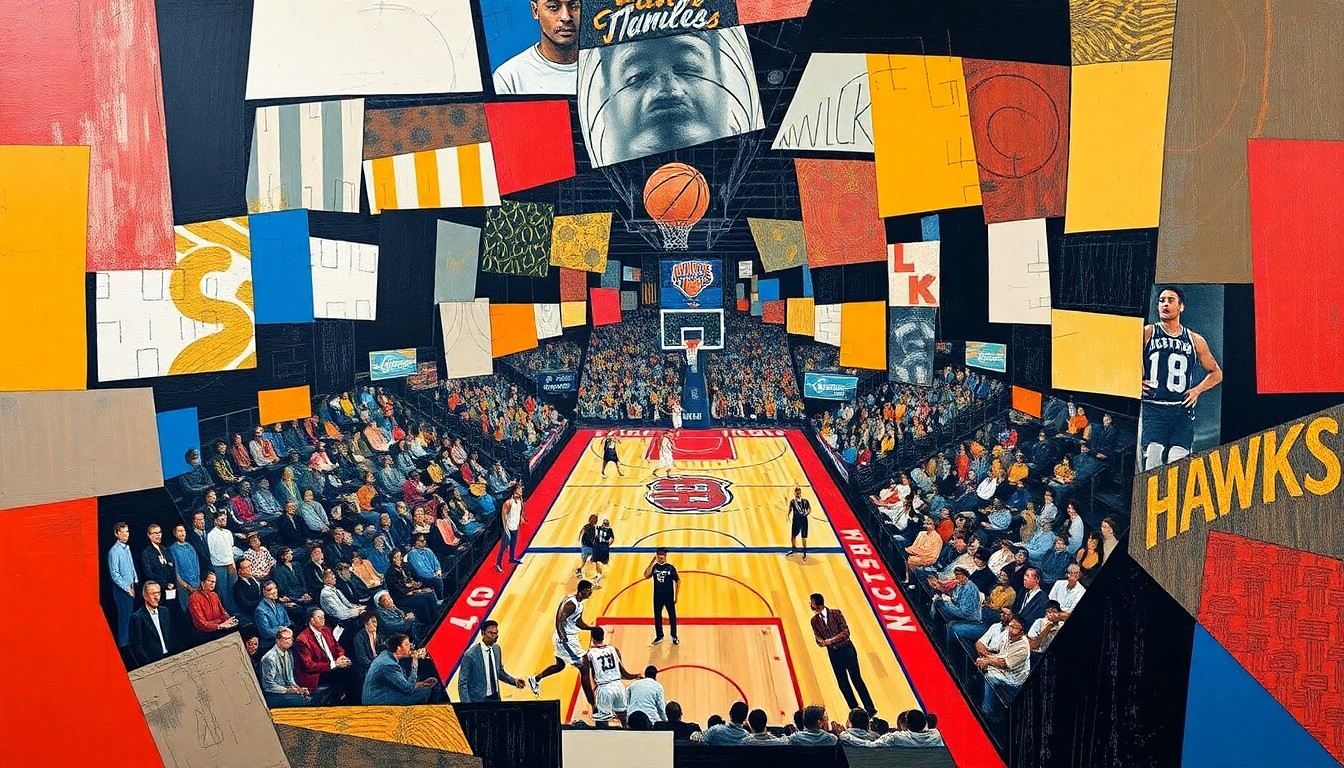 A cubist-style painting depicting a basketball game in sharp, fragmented geometric shapes and planes, conveying the strategic complexity of managing intentional fouling tactics.