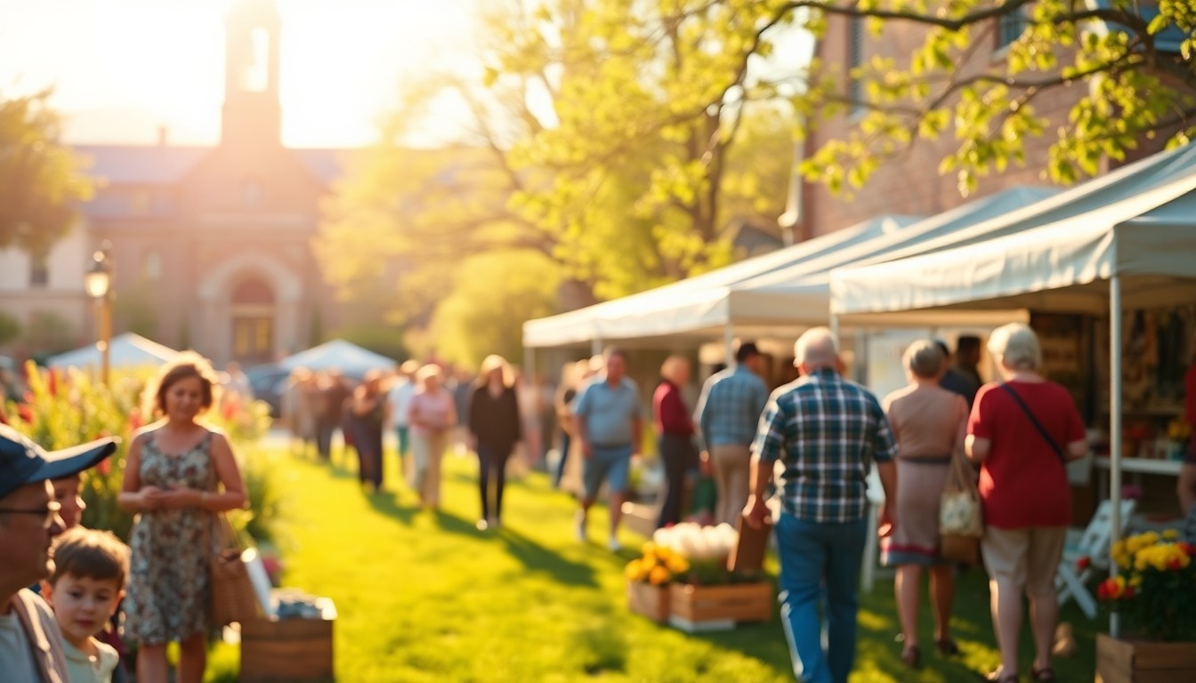 An abstract, blurred scene of a church lawn with people browsing handmade crafts and vintage goods, conveying the warm, community atmosphere of the event.