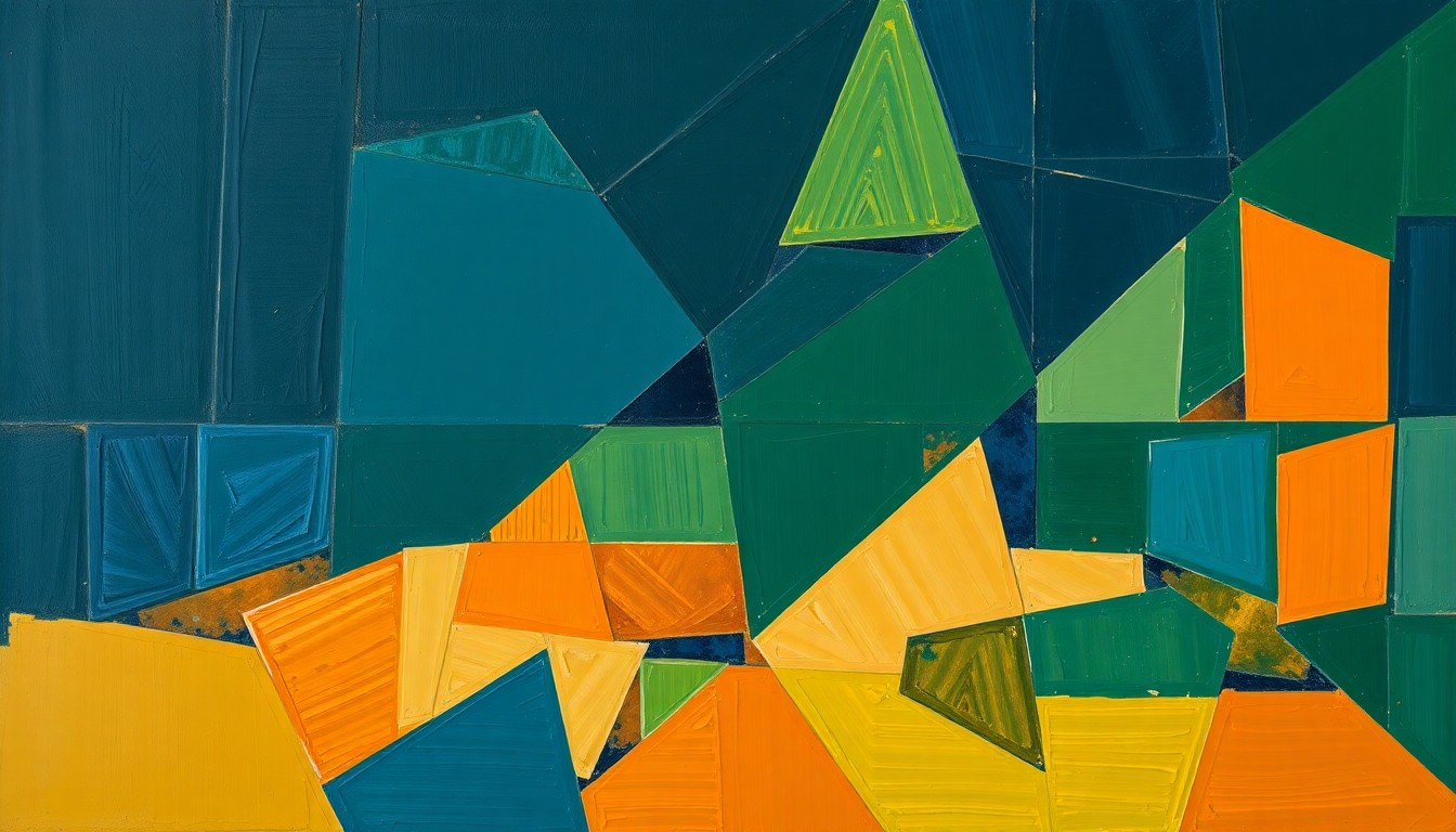 A fragmented, cubist-style painting depicting a basketball game or match, with sharp geometric shapes and planes in shades of navy, green, and orange, conveying the strategic and competitive nature of a college basketball transfer.