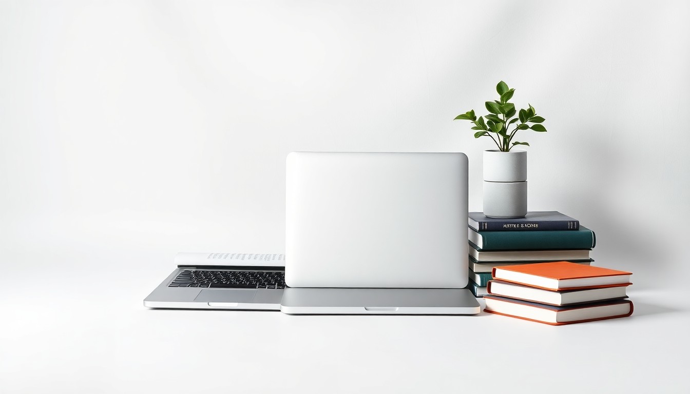A photorealistic studio still life featuring a laptop, books, and a potted plant arranged in a minimalist, high-end style, conceptually representing the abstract ideas of entrepreneurship, marketing, and publishing.