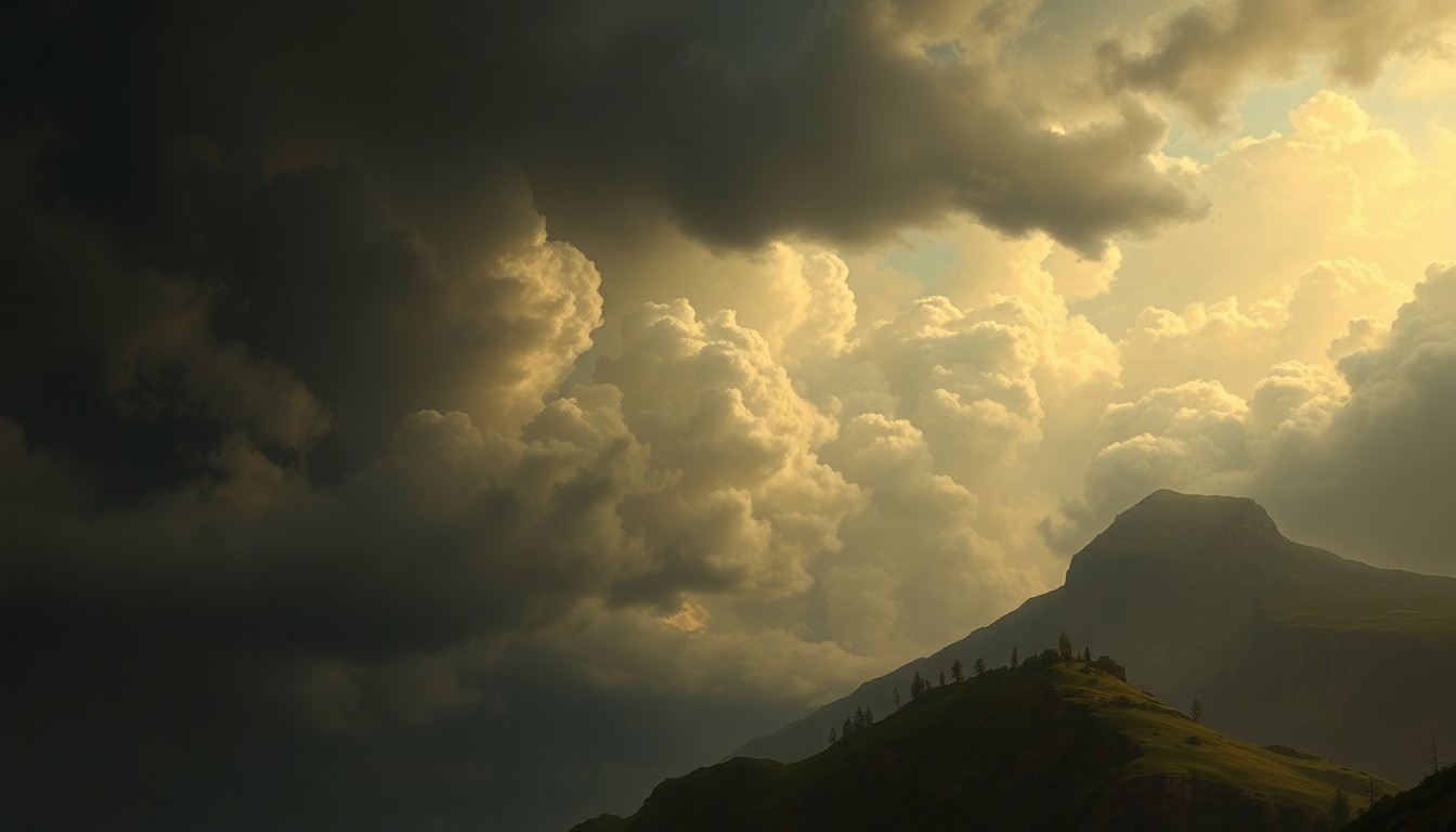 A sweeping, atmospheric landscape painting in muted tones of grey, blue, and green, with heavy storm clouds dominating the frame and casting dramatic shadows over the distant horizon, conveying the raw power and sublime scale of the weather event.