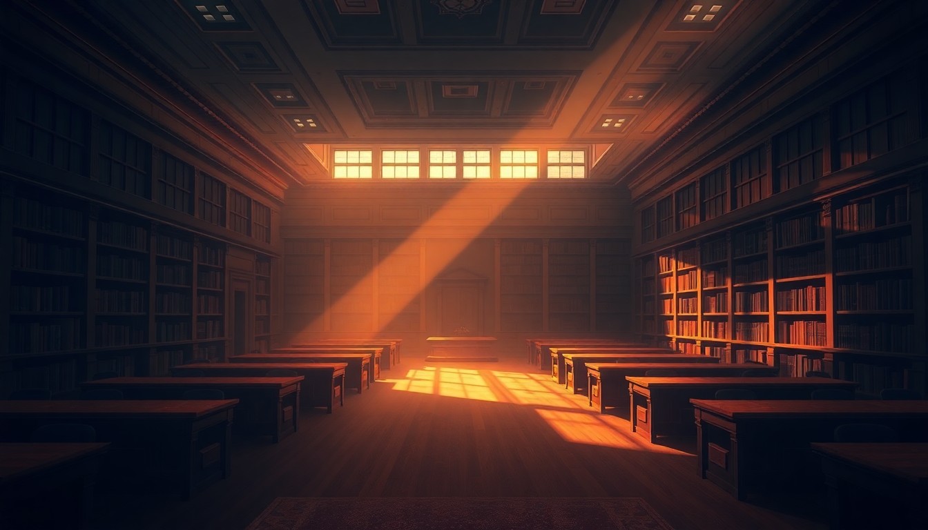 A dimly lit, cinematic painting of an empty courtroom or law library, with warm sunlight streaming in through the windows and deep shadows casting an air of solemnity over the scene, conceptually representing the gravity of the legal proceedings.