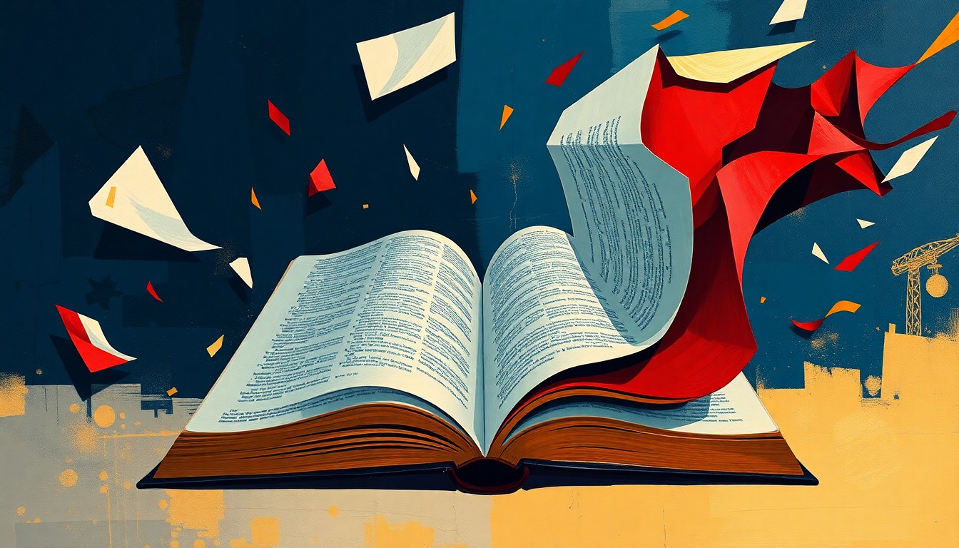 A fractured, abstract painting of an open Bible with pages fluttering in a swirling motion, rendered in deep navy blue, crimson red, and gold tones, conceptually representing the political and religious tensions surrounding the Pentagon's Bible reading event.